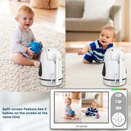 Firskids Baby Monitor with 2 Cameras No WiFi, 4.3 IPS Split-Screen, 30H Battery, Pan-Tilt-Zoom, Night Vision, 2-Way Audio, Room Temp Sensor, Lullaby, Plug & Play - Ideal for Travel