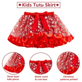 BEBAOVO Girl Christmas Tutu Skirt with Elk Headband, Christmas Dress with Xmas Tree/Santa Hat/Snow for Toddler Kids Girl Gift (Red, Small)