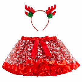 BEBAOVO Girl Christmas Tutu Skirt with Elk Headband, Christmas Dress with Xmas Tree/Santa Hat/Snow for Toddler Kids Girl Gift (Red, Medium)