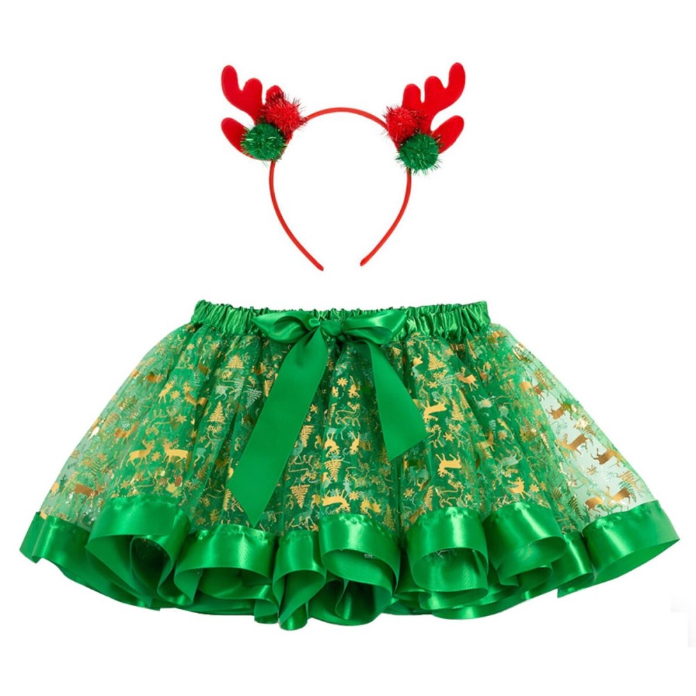 BEBAOVO Girl Christmas Tutu Skirt with Elk Headband, Christmas Dress with Xmas Tree/Santa Hat/Snow for Toddler Kids Girl Gift (Green, Small)