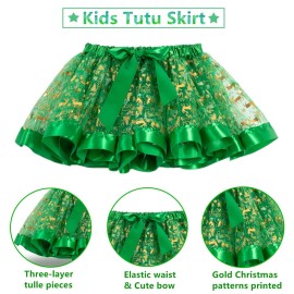 BEBAOVO Girl Christmas Tutu Skirt with Elk Headband, Christmas Dress with Xmas Tree/Santa Hat/Snow for Toddler Kids Girl Gift (Green, Small)
