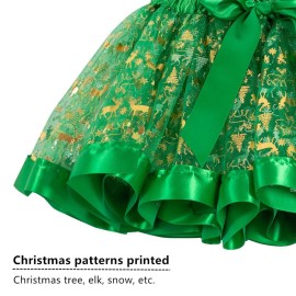 BEBAOVO Girl Christmas Tutu Skirt with Elk Headband, Christmas Dress with Xmas Tree/Santa Hat/Snow for Toddler Kids Girl Gift (Green, Small)