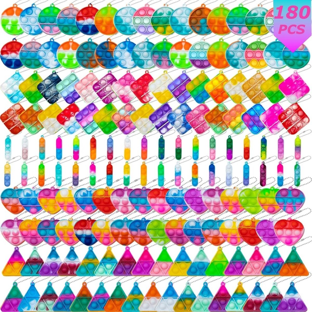 Pop Fidget Keychain Mini Fidget Toys Bulk 180 Pack Party Favors for Kids 3-5 4-8 Year Boys Girls Push Pops Bulk Stocking Pinata Stuffers Birthday Carnival Treasure Classroom Prizes Toddler