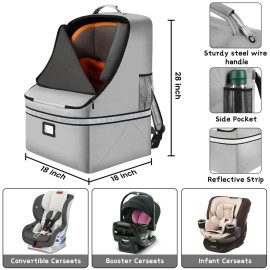 Car Seat Travel Bag,Padded Car Seats Backpack with Steel Cable Handle and Reflective Stripes, Large Durable Carseat Carrier Bag,Airport Gate Check Bag,Infant Seat Travel Bag with Shoulder Strap,Grey