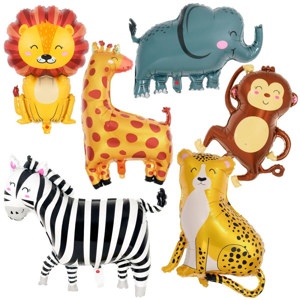 6 Pcs Safari Balloons,Jungle Safari Animals Foil Balloons,Giant Zoo Animal Balloon Zebra Elephant Monkey Lion Giraffe Leopard Shaped Animal Balloon for Zoo Wildlife Theme Birthday Party Decorations