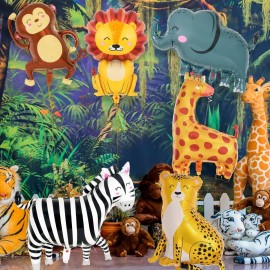 6 Pcs Safari Balloons,Jungle Safari Animals Foil Balloons,Giant Zoo Animal Balloon Zebra Elephant Monkey Lion Giraffe Leopard Shaped Animal Balloon for Zoo Wildlife Theme Birthday Party Decorations