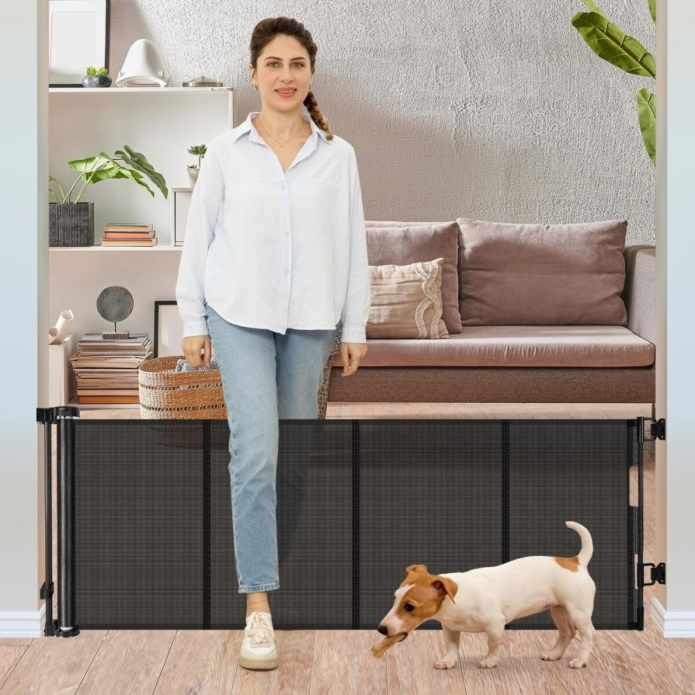 24 Inches Tall Retractable Baby Gates for Doorways, Short Dog Gates to Step Over, Extends up to 55 Wide, Reinforced Mesh Baby Gate for Kids or Pets, Doggie Gates Puppy Gates for The House (Black)