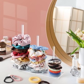 3-Tiers Scrunchie Holder Stand, Acrylic Hair Ties Organizer, Clear HairBands Tower, HairElastics Storage, Hairs Accessories Organizer, Scrunchie Display for Women and Girls