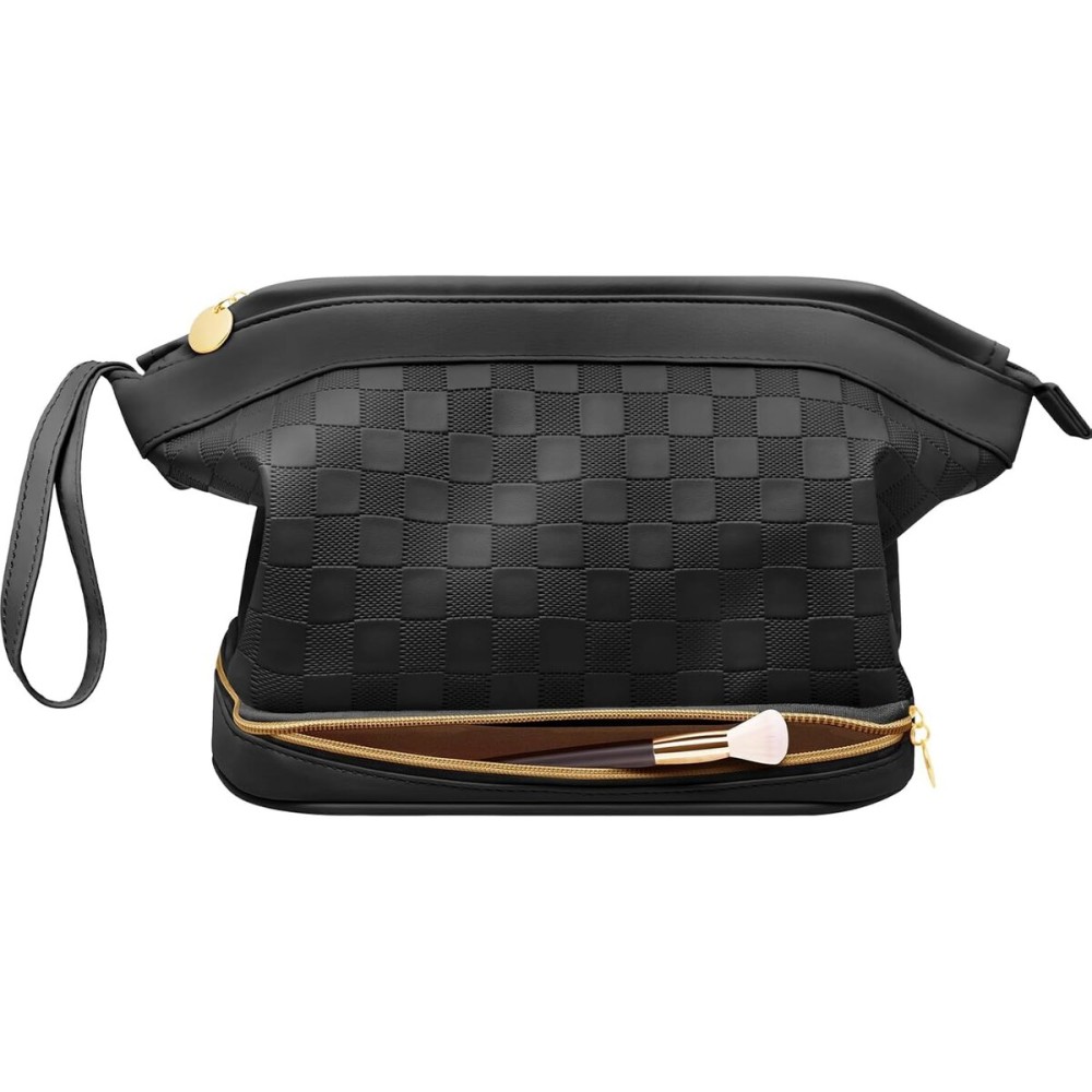 Hairao Large Makeup Bag, Double Layer Makeup Bag Organizer, Toiletry Bag For Women, Cosmetic Travel Bag, Leather Makeup Bag, Portable Toiletry Bag, Waterproof Roomy Bag For Women And Girls, Black