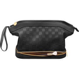 Hairao Large Makeup Bag, Double Layer Makeup Bag Organizer, Toiletry Bag For Women, Cosmetic Travel Bag, Leather Makeup Bag, Portable Toiletry Bag, Waterproof Roomy Bag For Women And Girls, Black