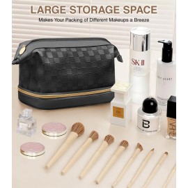 Hairao Large Makeup Bag, Double Layer Makeup Bag Organizer, Toiletry Bag For Women, Cosmetic Travel Bag, Leather Makeup Bag, Portable Toiletry Bag, Waterproof Roomy Bag For Women And Girls, Black