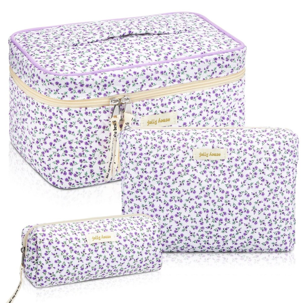 Zeyune 3 Pcs Quilted Makeup Bag Large Cotton Cosmetic Floral Makeup Bag Travel Toiletry Storage Aesthetic Cute Cosmetic Pouch with Zipper for Women Mom Birthday Gift Home Bathroom(Flower)