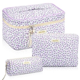Zeyune 3 Pcs Quilted Makeup Bag Large Cotton Cosmetic Floral Makeup Bag Travel Toiletry Storage Aesthetic Cute Cosmetic Pouch with Zipper for Women Mom Birthday Gift Home Bathroom(Flower)