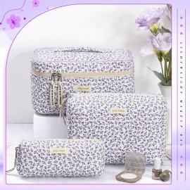 Zeyune 3 Pcs Quilted Makeup Bag Large Cotton Cosmetic Floral Makeup Bag Travel Toiletry Storage Aesthetic Cute Cosmetic Pouch with Zipper for Women Mom Birthday Gift Home Bathroom(Flower)