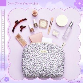 Zeyune 3 Pcs Quilted Makeup Bag Large Cotton Cosmetic Floral Makeup Bag Travel Toiletry Storage Aesthetic Cute Cosmetic Pouch with Zipper for Women Mom Birthday Gift Home Bathroom(Flower)