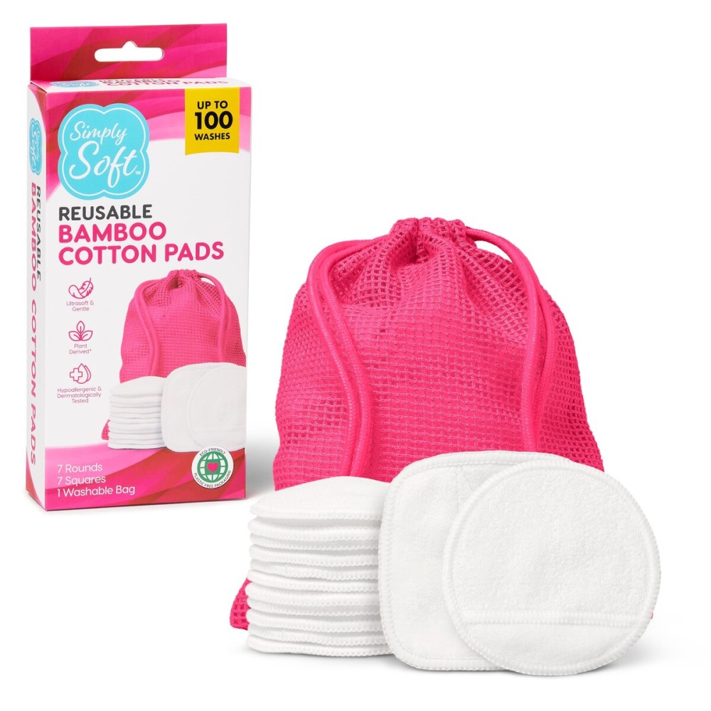Simply Soft Reusable Cotton Rounds, 14 Count, Makeup Remover Pads for All Skin Types, Sustainable, Minimizes Waste, Dermatologically Tested (7 Rounds and 7 Squares with 1 Washable Mesh Bag)