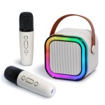 Mini Karaoke Machine for Kids and Adults, with 2 Wireless Microphones and Lights, Compatible with All Smartphones, Party Essential Toy (Beige)
