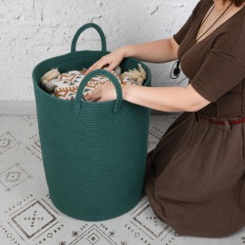 XUANGUO Cotton Rope Laundry Basket Hamper for Clothes Woven Storage Basket for Living Room Bedroom Boho Tall Rope Baskets for Blanket Toys Pillow Towels Baby Nursery Hamper Bin Large dark green
