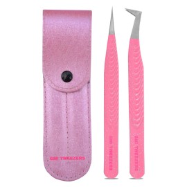 GMI Tweezers: Elegant Fiber Tip Glitter Tweezer Set in Pink - Straight and L Shape for Precision Beauty.