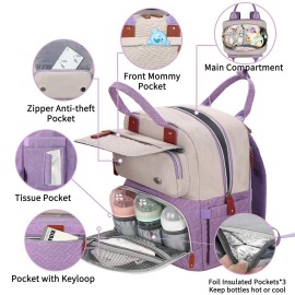 Diaper Bag Backpack, Large Unisex Baby Bags for Boys Girls, Purple Baby Nappy Diaper Bag, Multipurpose Travel Back Pack for Moms Dads with Insulated Pockets and Stroller Straps