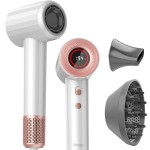 Hair Dryer - 1500W High Speed Ion LCD Display Professional Blow Dryer with Diffuser 110,000RPM Brushless Motor for Fast Drying, Low Noise Thermo-Control Hair Dryer with Nozzle, Updated(White)