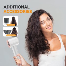 Hair Dryer - 1500W High Speed Ion LCD Display Professional Blow Dryer with Diffuser 110,000RPM Brushless Motor for Fast Drying, Low Noise Thermo-Control Hair Dryer with Nozzle, Updated(White)