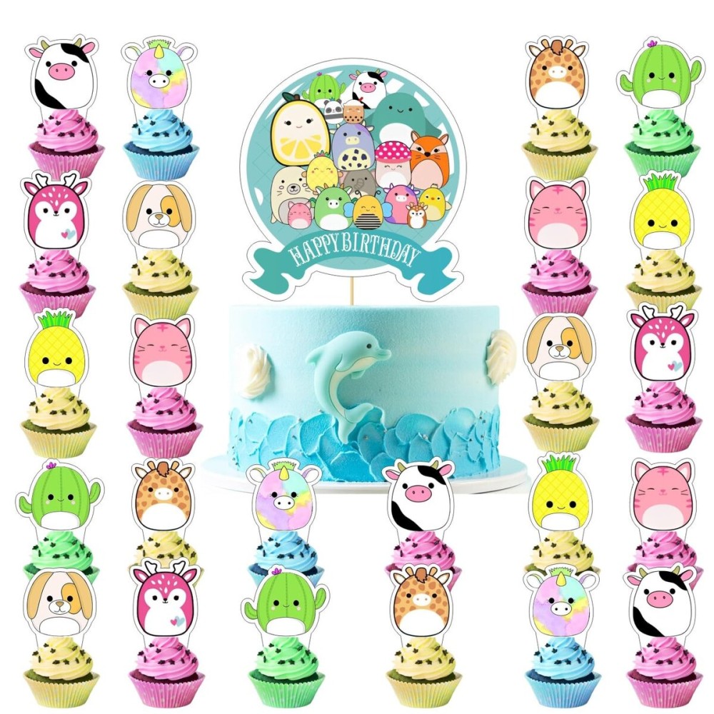 25Pcs Cute Animal Cake Decorations with 24pcs Cupcake Toppers, 1pcs Big Cake Topper for Cute Animal Birthday Party Supplies
