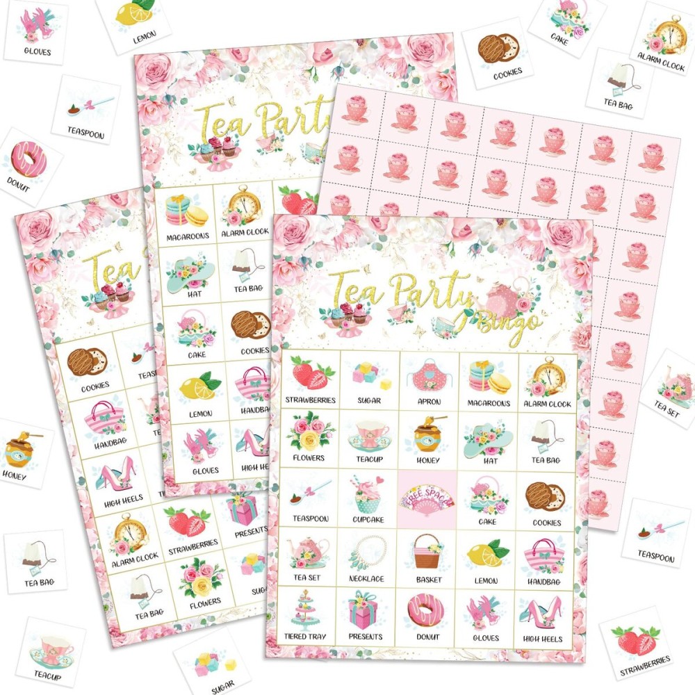 Shappy 35 Pcs Floral Tea Party Bingo Cards 24 Players Floral Tea Birthday Games Bingo Games for Adults Family Activities Birthday Wedding Party Favors Gifts