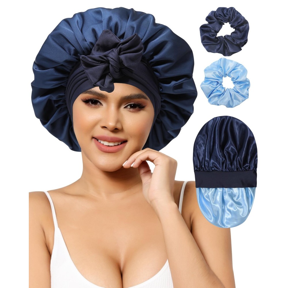 Satin Bonnets Silk Bonnet Sleeping Women Hair Bonnet Curly Hair Sleep Cap Reversible Double Layer Bonnets with Tie Band (Blue Bonnet + Satin Scrunchies)