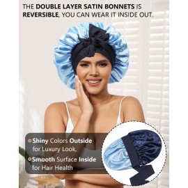 Satin Bonnets Silk Bonnet Sleeping Women Hair Bonnet Curly Hair Sleep Cap Reversible Double Layer Bonnets with Tie Band (Blue Bonnet + Satin Scrunchies)