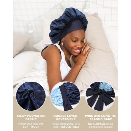 Satin Bonnets Silk Bonnet Sleeping Women Hair Bonnet Curly Hair Sleep Cap Reversible Double Layer Bonnets with Tie Band (Blue Bonnet + Satin Scrunchies)
