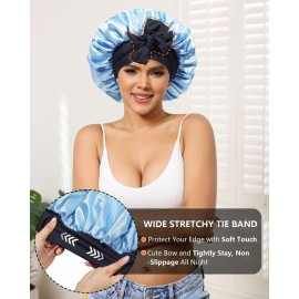 Satin Bonnets Silk Bonnet Sleeping Women Hair Bonnet Curly Hair Sleep Cap Reversible Double Layer Bonnets with Tie Band (Blue Bonnet + Satin Scrunchies)