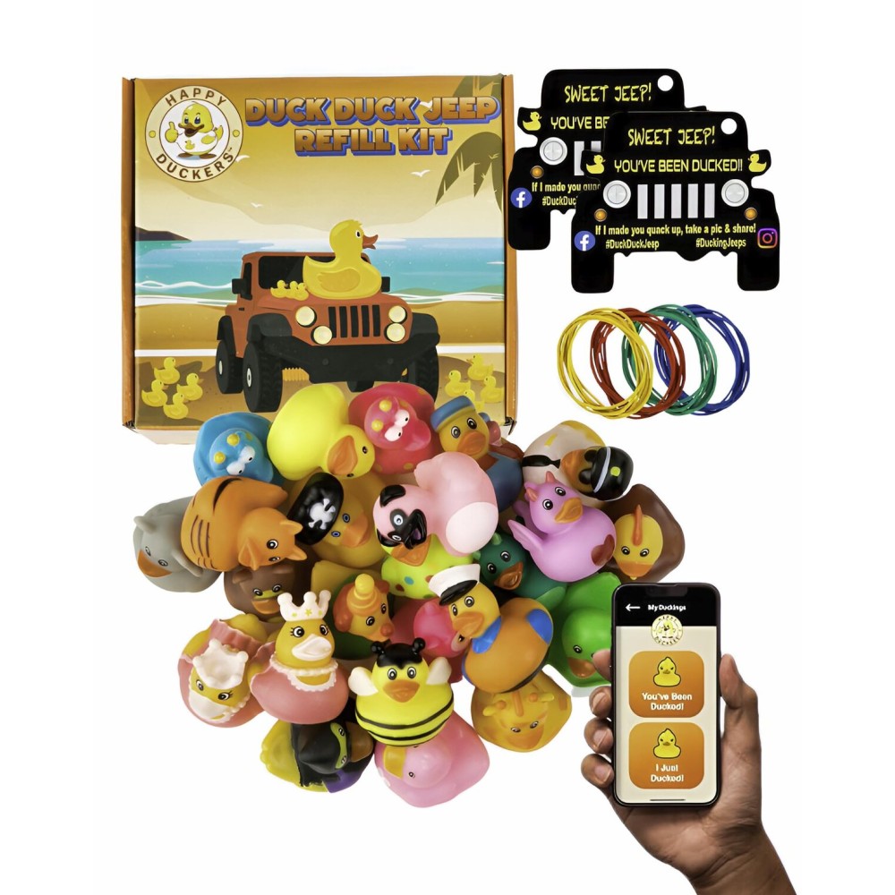 Jeep Ducks for Ducking Refill Kit- 75 Piece kit Including 25 Rubber Ducks, 25 Jeep Ducking Cards & 25 Rubber Bands Plus Official Duck Duck Jeep Mobile App - Happy Duckers