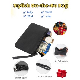 Small Makeup Bag for Purse Mini Cosmetic Pouch Zipper Little Wristlet, Tiny Make Up Organizer Lipstick Feminine Product Car Change Coin Holder for Women, 4.5 x 6.5 Clutch Stadium Approved, 1 Black