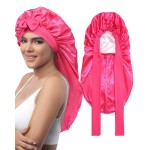 AWAYTR Long Satin Bonnet for Sleeping - Double Layer Reversible Silk Bonnet for Long Hair Women Sleeping Cap with Tie Band (Rose Pink+Pink)