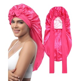 AWAYTR Long Satin Bonnet for Sleeping - Double Layer Reversible Silk Bonnet for Long Hair Women Sleeping Cap with Tie Band (Rose Pink+Pink)