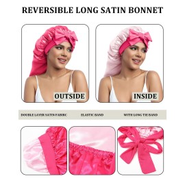 AWAYTR Long Satin Bonnet for Sleeping - Double Layer Reversible Silk Bonnet for Long Hair Women Sleeping Cap with Tie Band (Rose Pink+Pink)