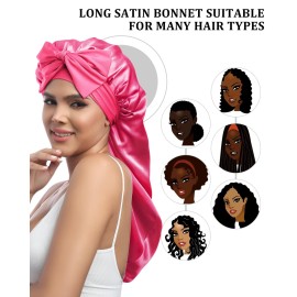 AWAYTR Long Satin Bonnet for Sleeping - Double Layer Reversible Silk Bonnet for Long Hair Women Sleeping Cap with Tie Band (Rose Pink+Pink)