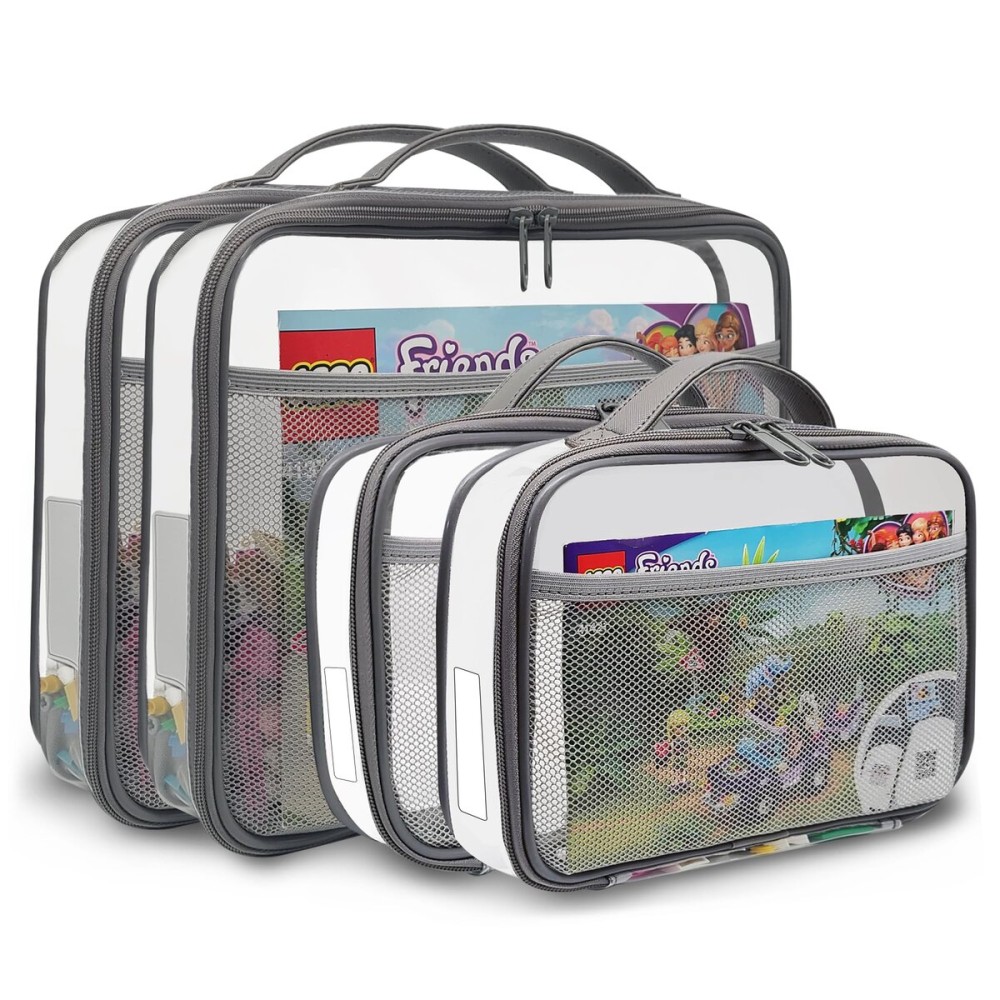 holay 4 Packs PVC Zippered Blocks Set, Toy, Clay, Board game Storage Organizer Case (Name Tag, Manual Pocket) (Gray, Small, Large)