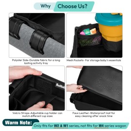 Boffinby Double Sided Stroller Tray Fits for Wonderfold Wagon- Kids Snacks & Activities - Faux Leather Sides for Eating - Cup Holders & Mesh Pockets, Play On the Go, 15 L x 7.5 W x 3 H (W2 Series)