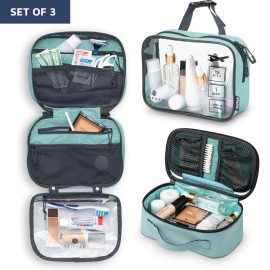 Toiletry Bag Kit Set: Hanging Travel Toiletry Bag + Makeup Bag with Brush Holder + Ultralight Accessory Organizer Pouch (Dusty Teal Makeup)