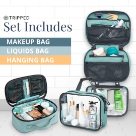 Toiletry Bag Kit Set: Hanging Travel Toiletry Bag + Makeup Bag with Brush Holder + Ultralight Accessory Organizer Pouch (Dusty Teal Makeup)