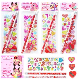 AouEtnay 28 Pack Valentines Day Stationery Kids Gift Set with Pencils, Erasers, Cards, Stickers for Kids Valentines Day Classroom Gifts and Party Favors