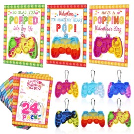 Bamamon 24Pcs Kids Valentines Day Cards, Mini Pop Fidget Keychain Gifts for Classroom Prizes School Gift Exchange Bulk Party Favors Boys Girls Treats Toy Goodie Bag Stuffers, WG1433