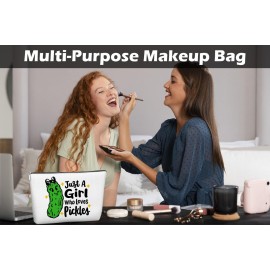 Pickle Makeup Bag Funny Gift for Women Just A Girl Who Loves Pickles, Christmas Gifts for Mom Teen Girl, Best Sister, Friends, Cute Makeup Zipper Pouch Bag for Birthday White Elephant, 10x7 Inch
