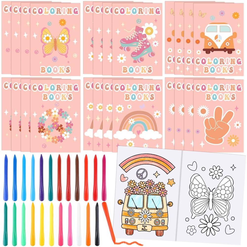 CHUNNIN 48Pcs Bulk Groovy Coloring Books with Crayons Boho Rainbow Coloring Books for Kids Hippie Bus Retro Flowers Pattern DIY Hand Drawing for Boys Girls Groovy Birthday Party Favors