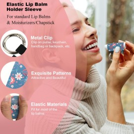 Beautyflier Cute Elastic Lip Balm Holder Keychain, Lipstick Sleeve Lip Gloss Sleeve Holder for Burts Bees Chapstick, Lip Balm Holder Compatible with Blistex Lip Balm (Flowers, 4pcs)