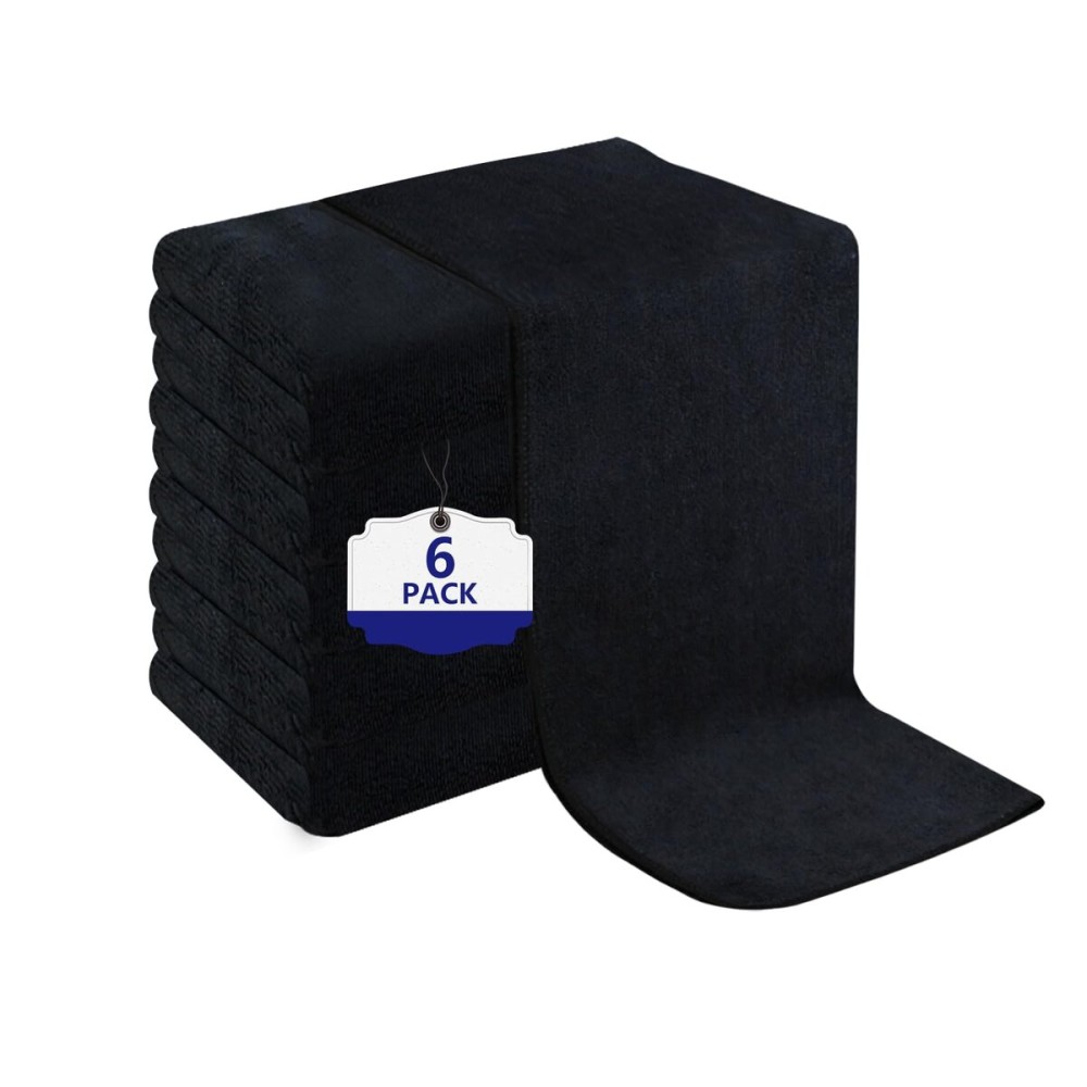 Puomue 6 Pack Black Salon Towels, Super Soft and Absorbent Microfiber Hair Towel for Salon, Bath, Spa, Pool and Home, 27 inch X 16 inch, Black