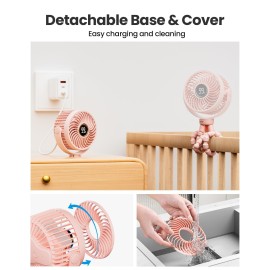 SHEWIND Stroller Fan, 4000mAh Portable Battery Operated Smal Clip on Fan, 4 Speed Rechargeable Mini Personal Cooling, Travel for Baby Car Seat Crib(Pink)