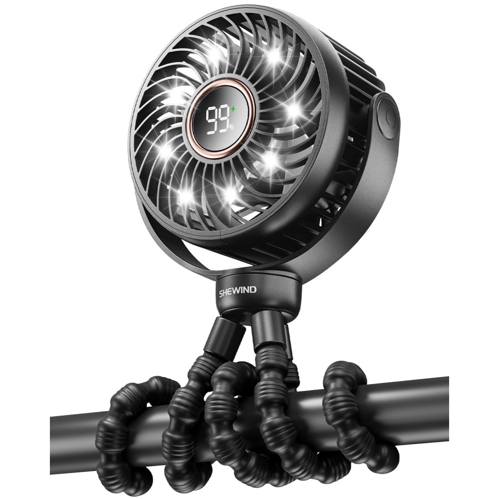 SHEWIND Stroller Fan, 4000mAh Portable Battery Operated Smal Clip on Fan, 4 Speed Rechargeable Mini Personal Cooling, Travel for Baby Car Seat Crib(Black)